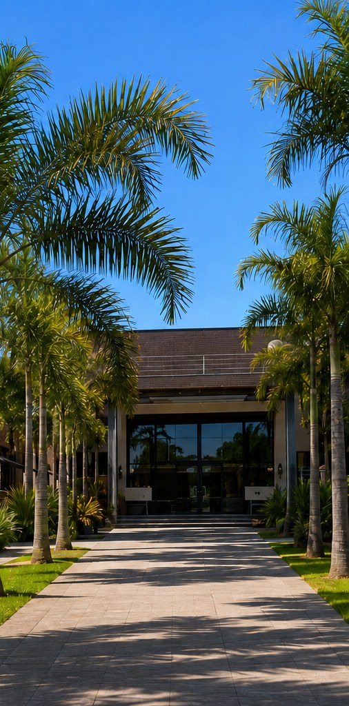 Entrada do Residencial Colibri com alameda de palmeiras